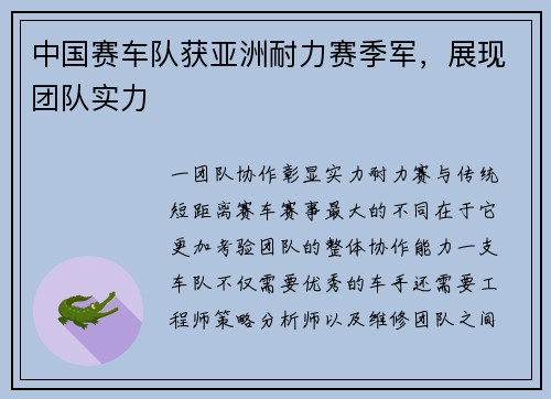 中国赛车队获亚洲耐力赛季军，展现团队实力