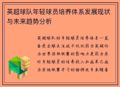 英超球队年轻球员培养体系发展现状与未来趋势分析